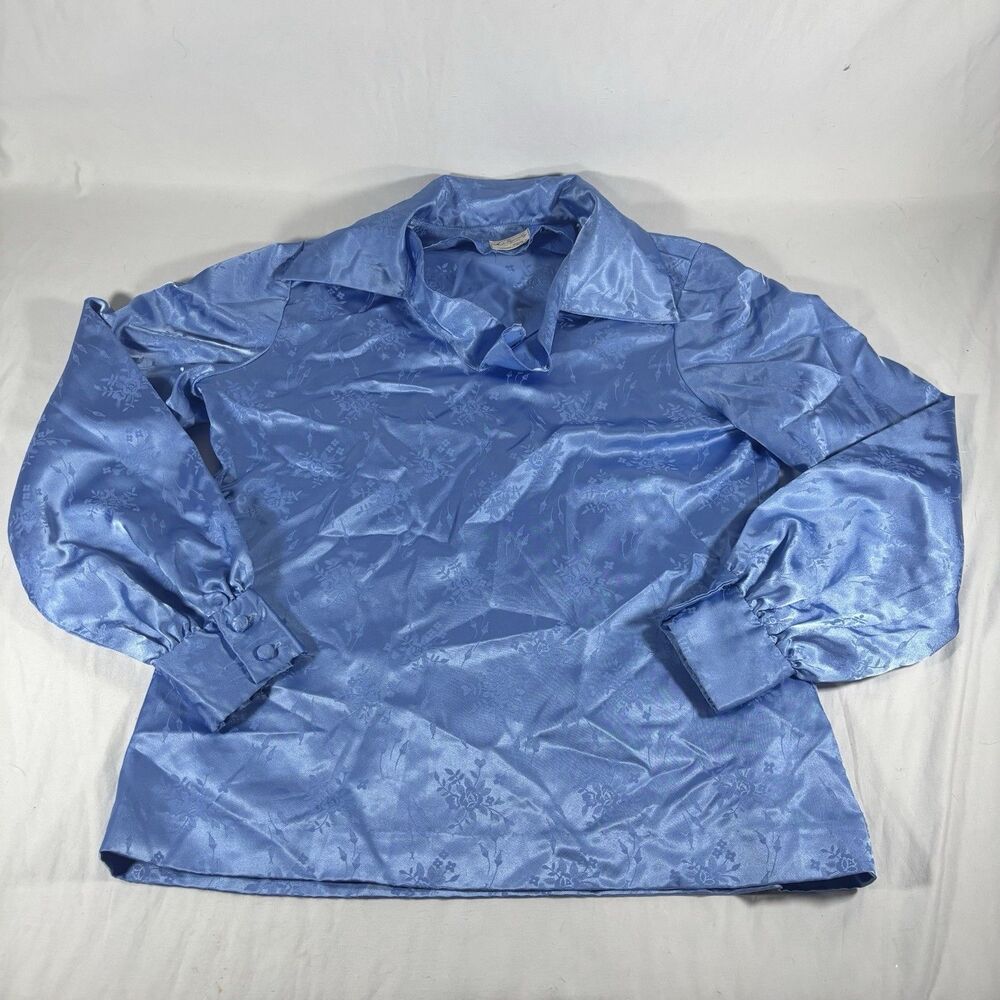 Norene Warren Vintage Blue Satin Floral Blouse Custom